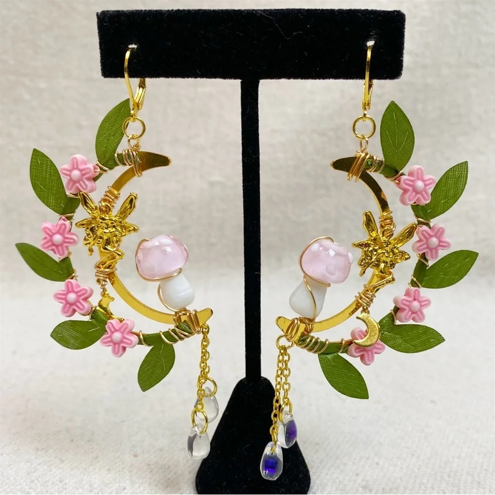 Floral Mushroom Crescent Moon Hoop Earrings with Gold Accents Fairy